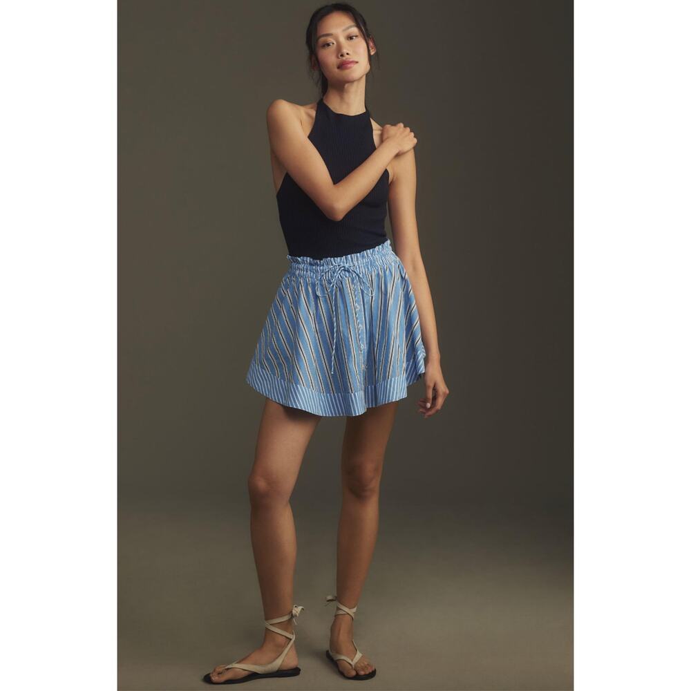 By Anthropologie Boxer Mini Skirt blue striped built in shorts cotton skirt L